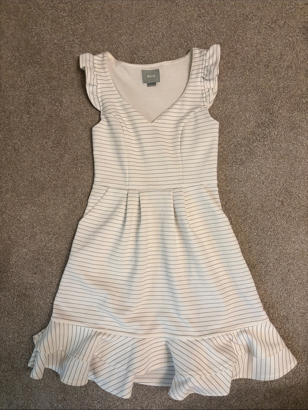 Maeve White Dress with Navy Pinstripes and Ruffle Hem